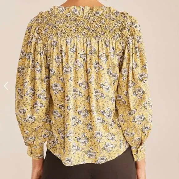 Womens Rebecca Taylor Intaglio Rose Smocked Blouse Yellow Floral Size XL EUC! - Picture 2 of 5